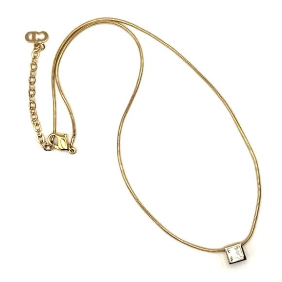 Vtg CHRISTIAN DIOR Square CZ Pendant Necklace Gold Tone Snake Chain NWOT 15 1/2